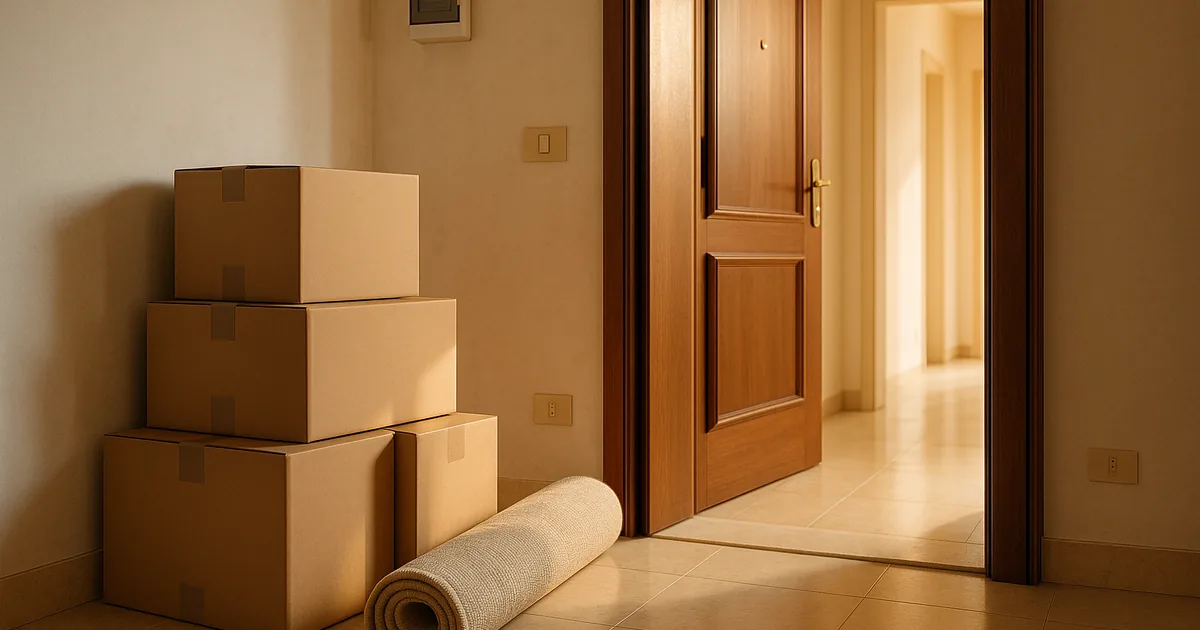 Scatoloni del trasloco davanti alla porta di un appartamento nuovo