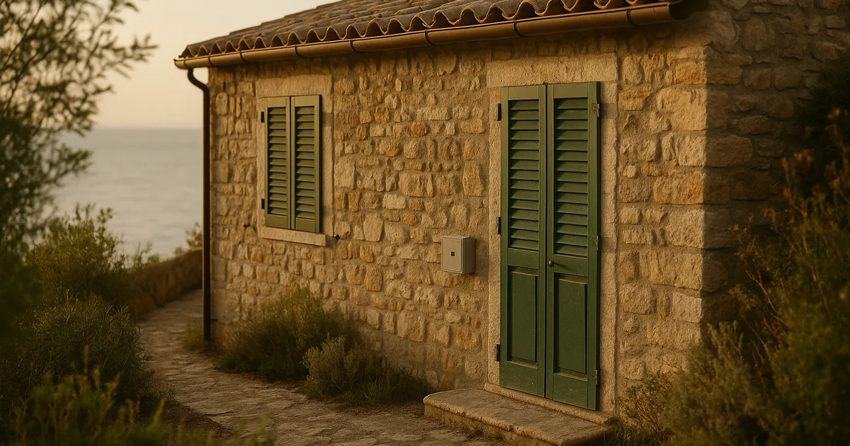 Casa per le vacanze con le persiane chiuse e il contatore della luce all'ingresso
