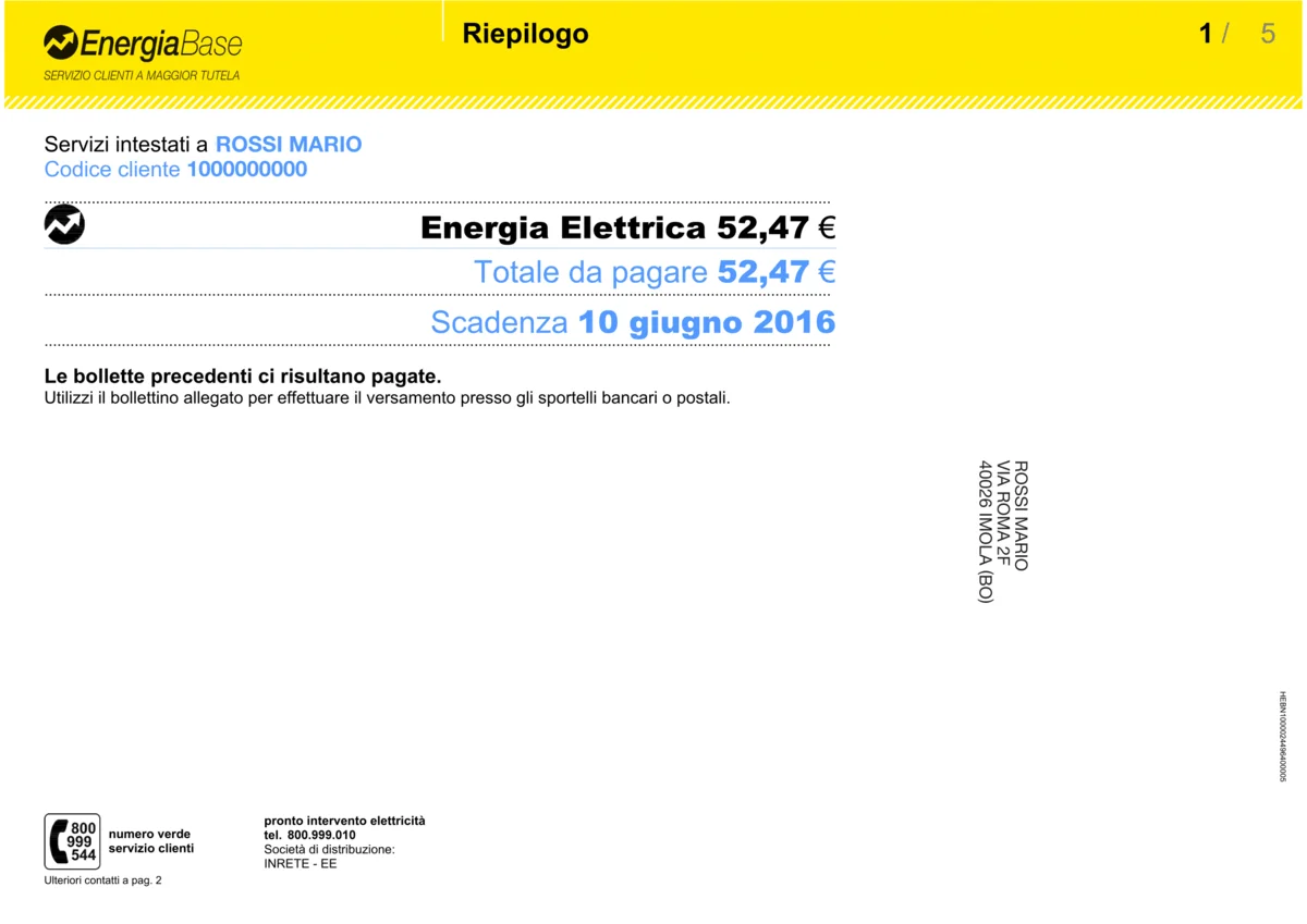 Prima pagina bolletta luce Energia Base