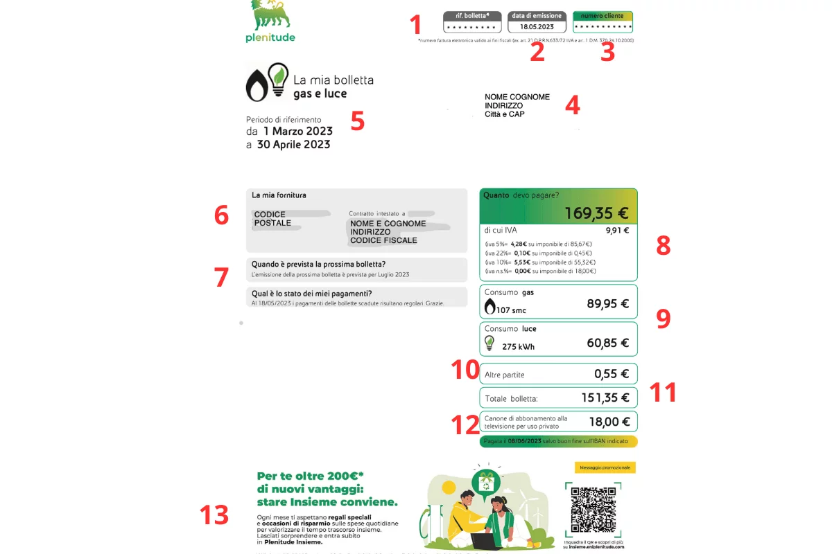 Prima pagina della bolletta Eni Plenitude con riepilogo importo, scadenza e dati di fornitura