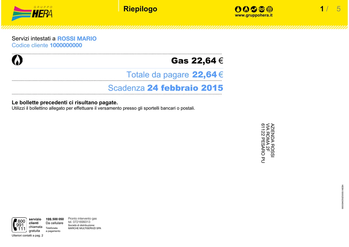 Prima pagina bolletta gas Hera
