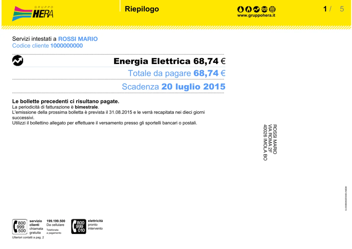 Prima pagina bolletta luce Hera