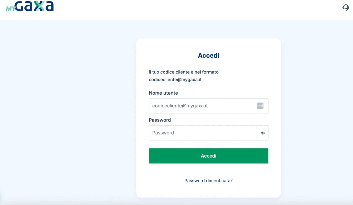 Schermata di login di MyGaxa con campi codice cliente e password
