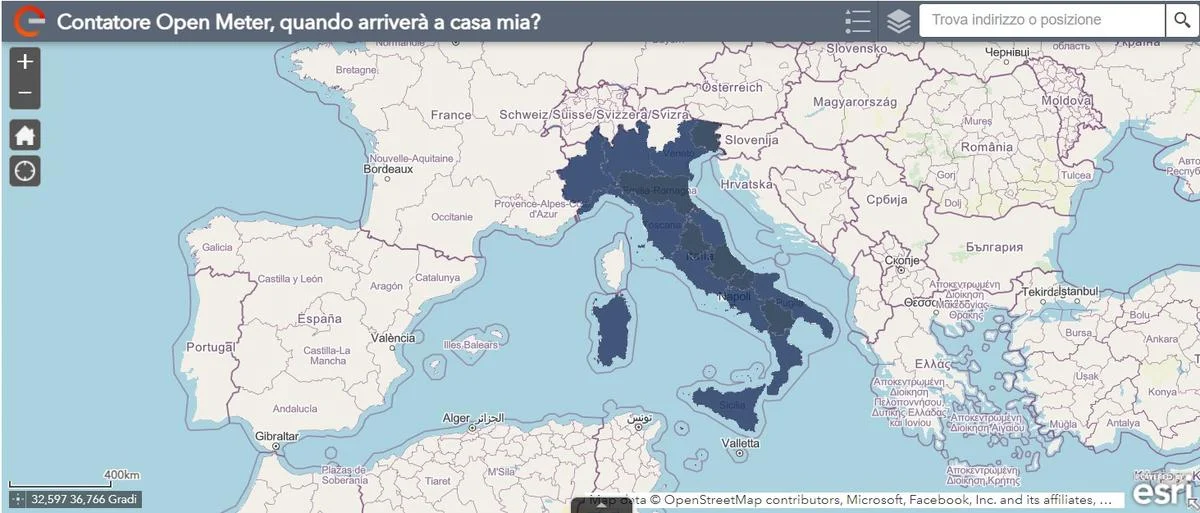 Mappa del piano Open Meter di E-Distribuzione in Italia