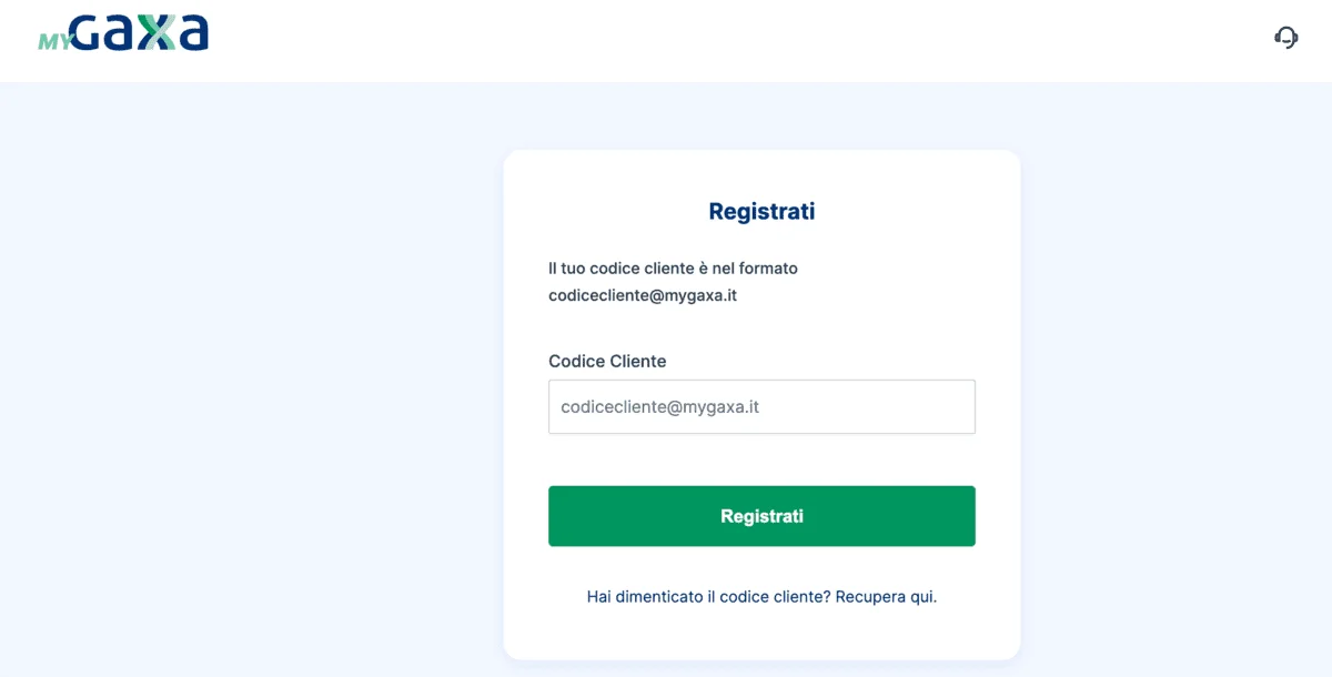 Form di registrazione MyGaxa con campi codice cliente, codice fiscale ed email